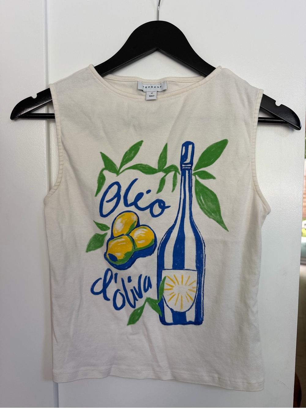 Topshop White Sleeveless Tee with Blue, Green and Yellow Graphic